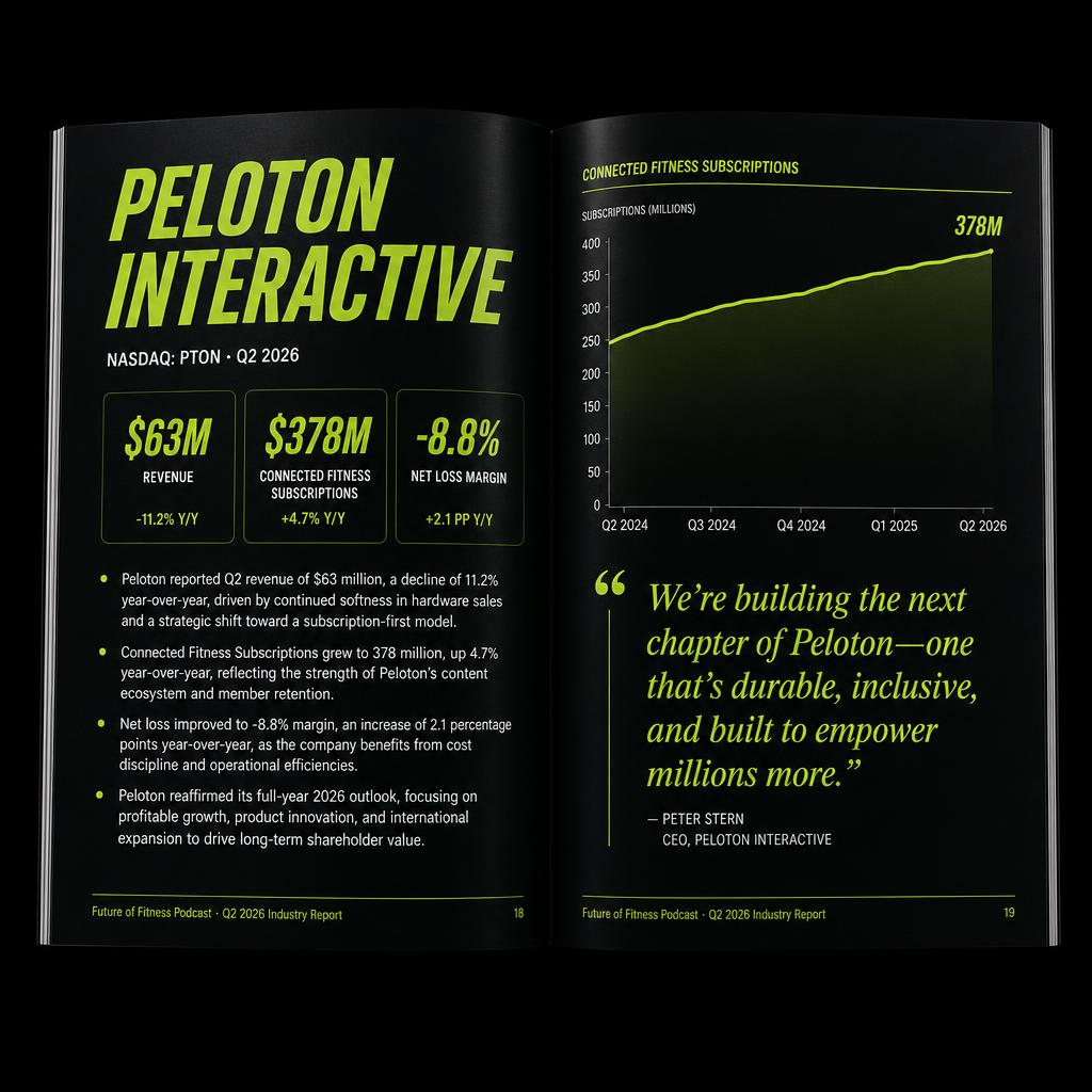 Inside the Q2 2026 report: a Peloton company teardown spread with revenue charts and key metrics